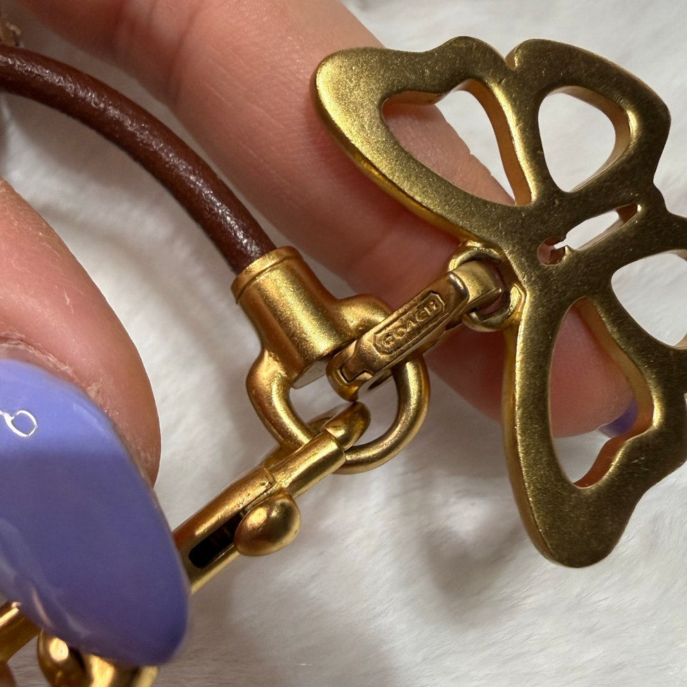 y2k COACH Vintage Brown Leather Gold Tone Hook Clip with Butterfly Bracelet
