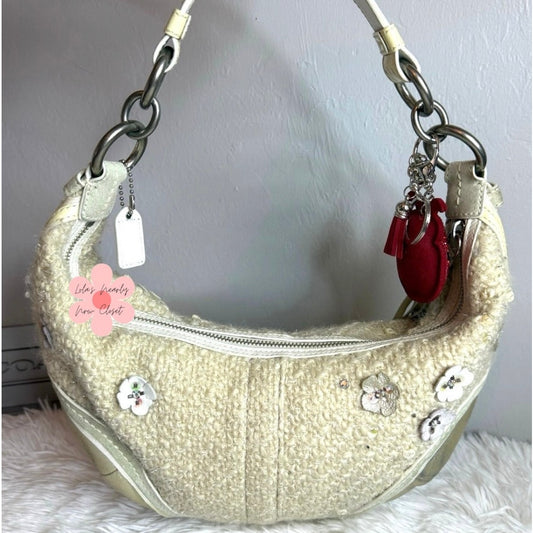 RARE y2k Coach Vintage Chelsea Tweed Hobo In Sequin Tea Rose Hobo Shoulder Bag