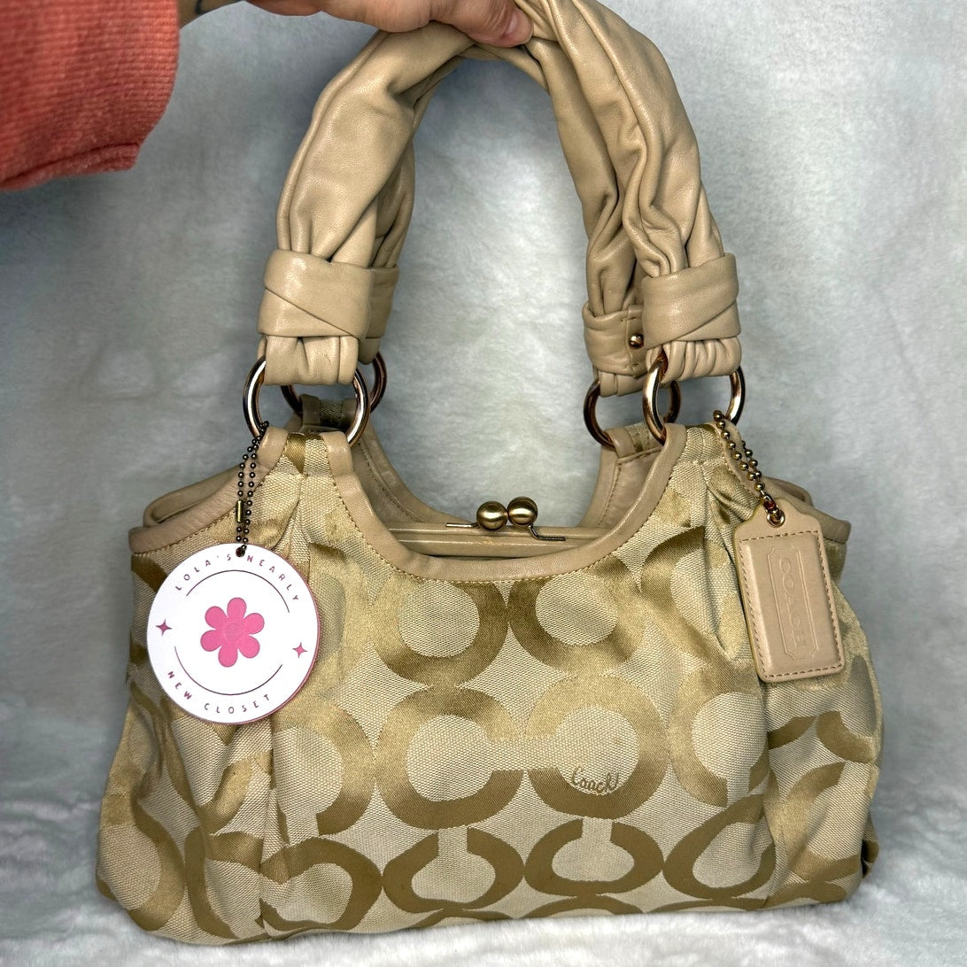 COACH Parker Hobo Handbag Kisslock Leather Canvas Bag Purse Shoulder Bag