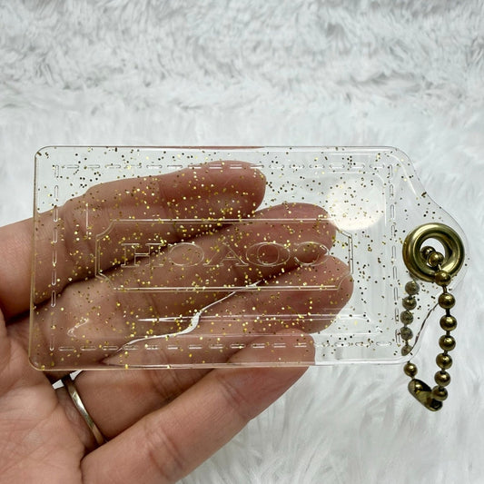 3" COACH Poppy Clear Gold Glitter Fob Bag Charm Hang tag Hangtag