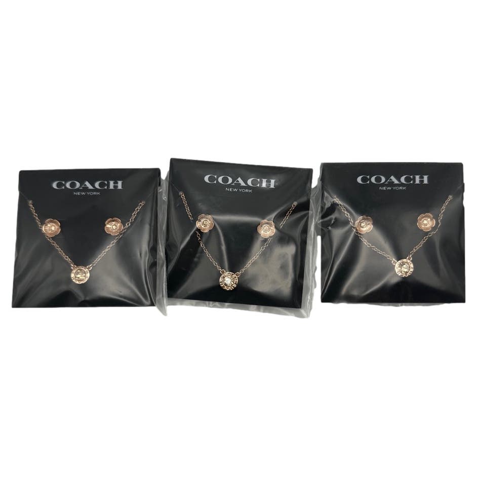 NWT COACH Signature Rose Gold Tone Floral Earrings Studs and Necklace Set