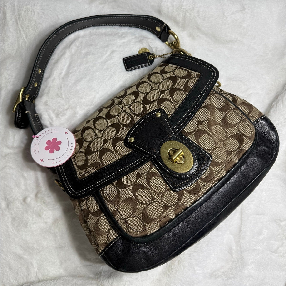 y2k COACH Vintage Black Brown Khaki Signature Legacy Flip Turnlock