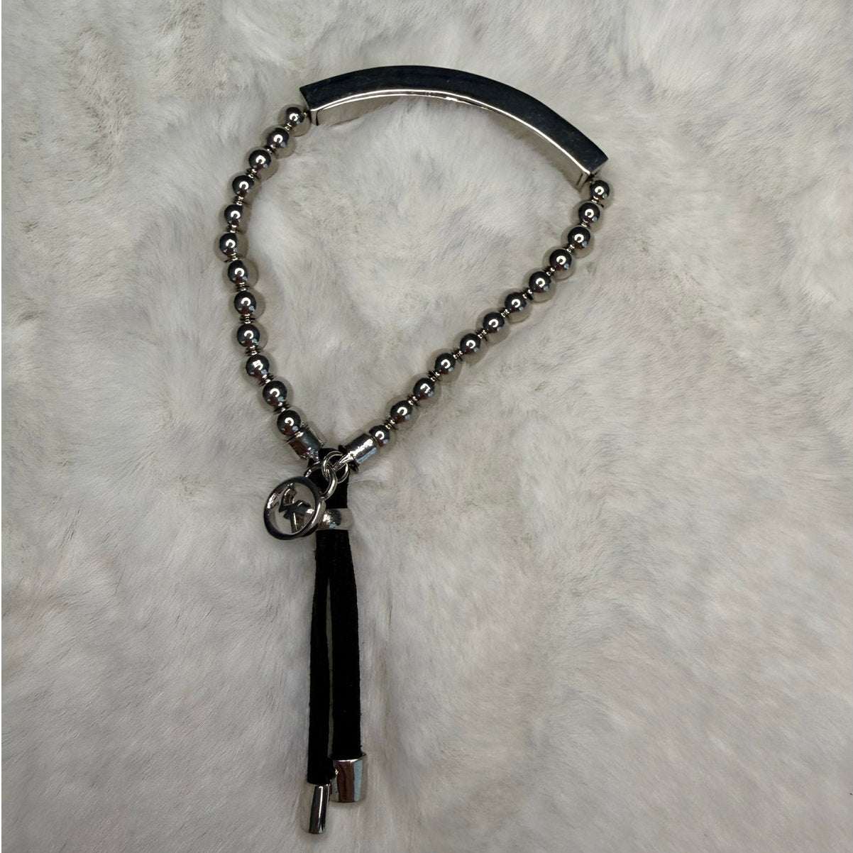 Michael Kors Silver Black Beaded Tag Bracelet