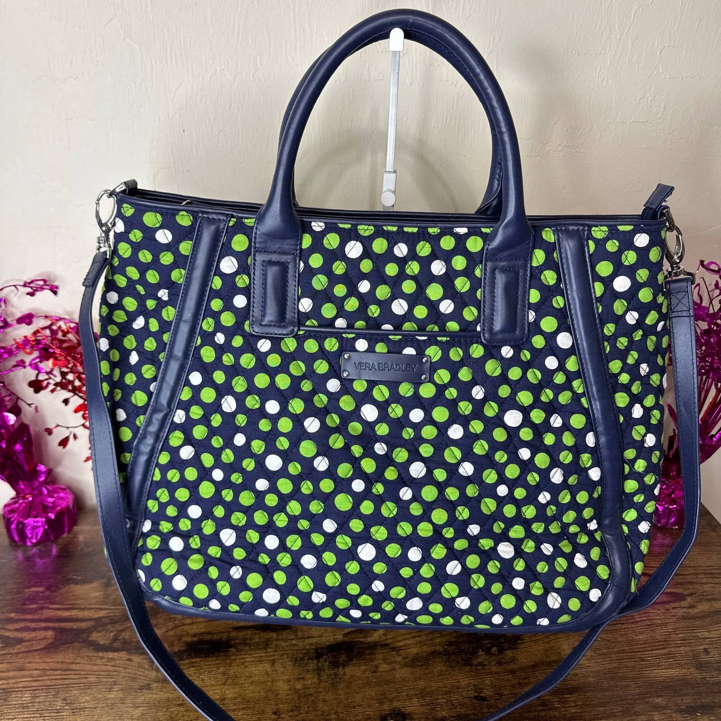 VERA BRADLEY Lucky Navy. Green, and White Dots Trimmed Satchel Tote with strap