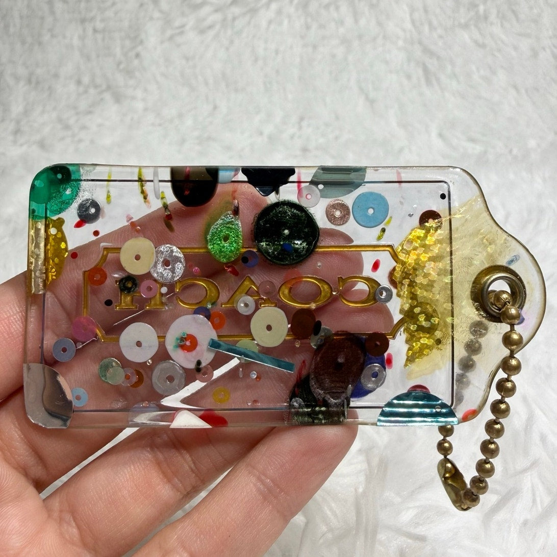Coach Vintage Poppy Confetti Sequin Clear Acrylic Fob Bag Charm Hang tag Hangtag