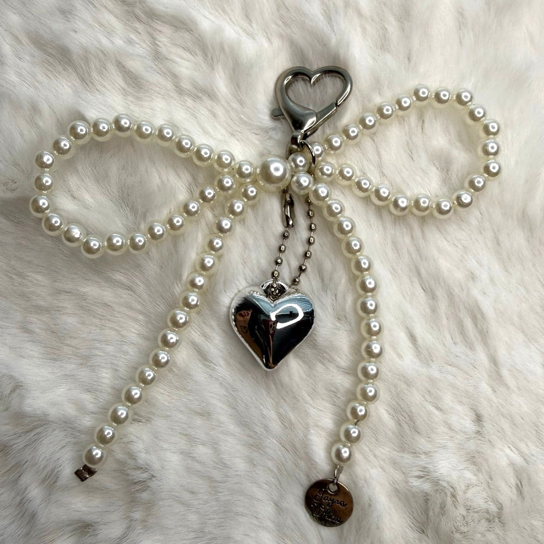 White Bowknot Heart Sweet Charm Pearl Bow Bag Charm Fashion Charm