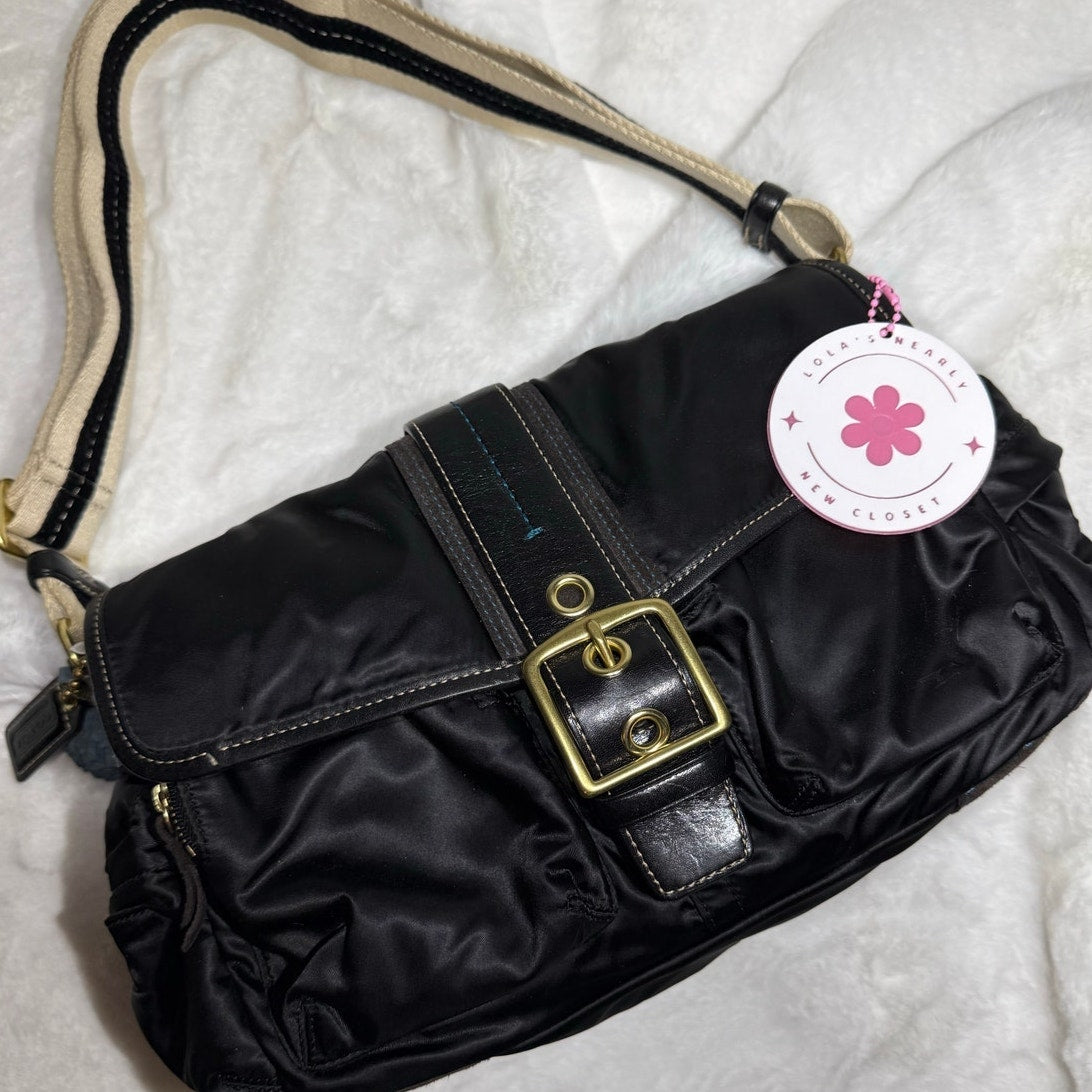 y2k COACH Vintage Buckle Black Sateen Nylon Shoulder Hand bag