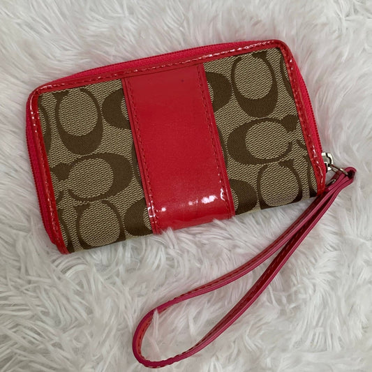 Coach Red Khaki Patent Leather Canvas Wallet