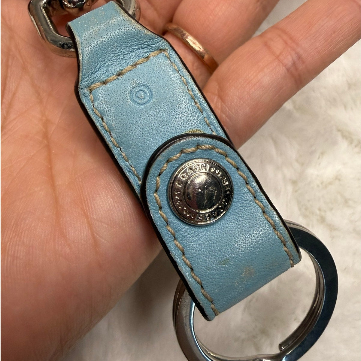 Vintage Coach Trigger Snap Key Fob Keychain Blue Leather Silver