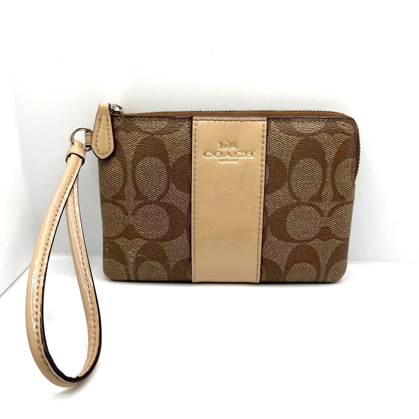 COACH Brown Gold Signature Coat Canvas Wristlet