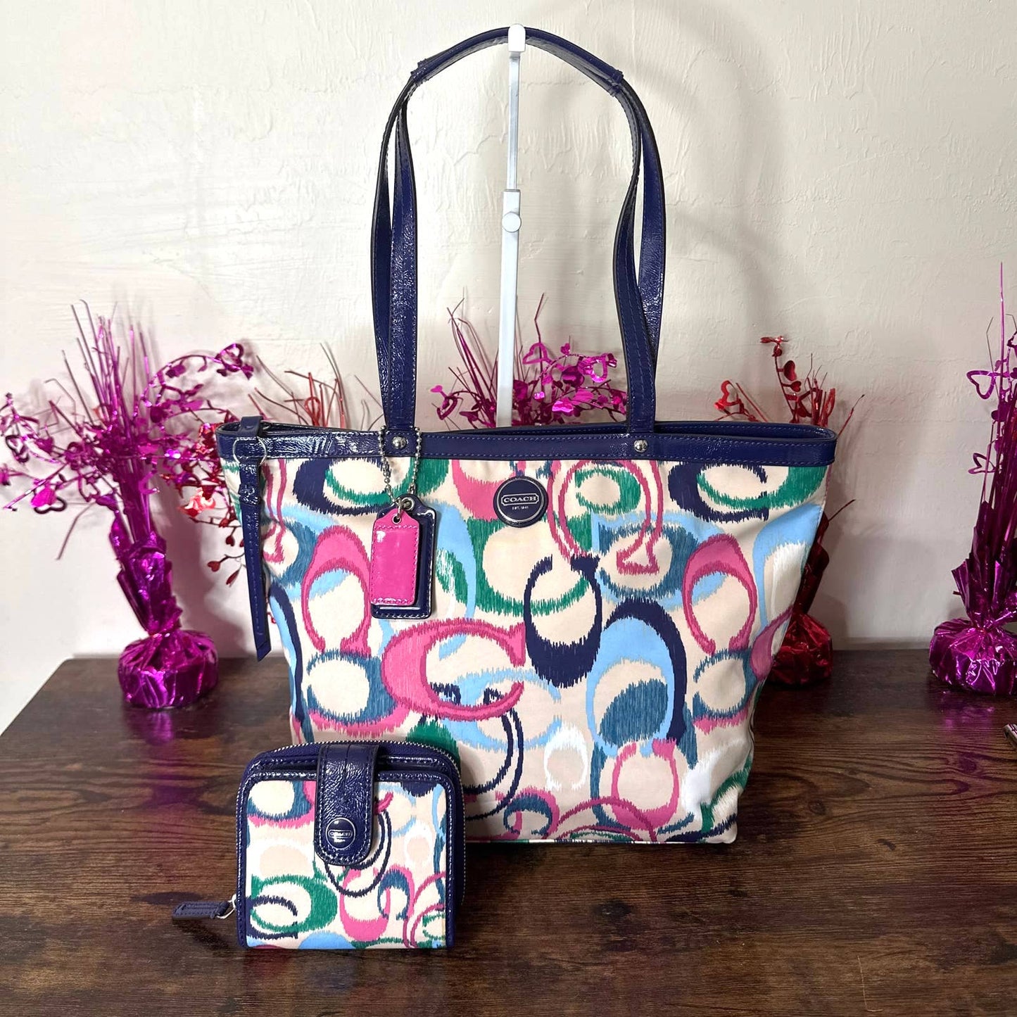 COACH Signature Ikat Fabric Print Tote and Matching Wallet