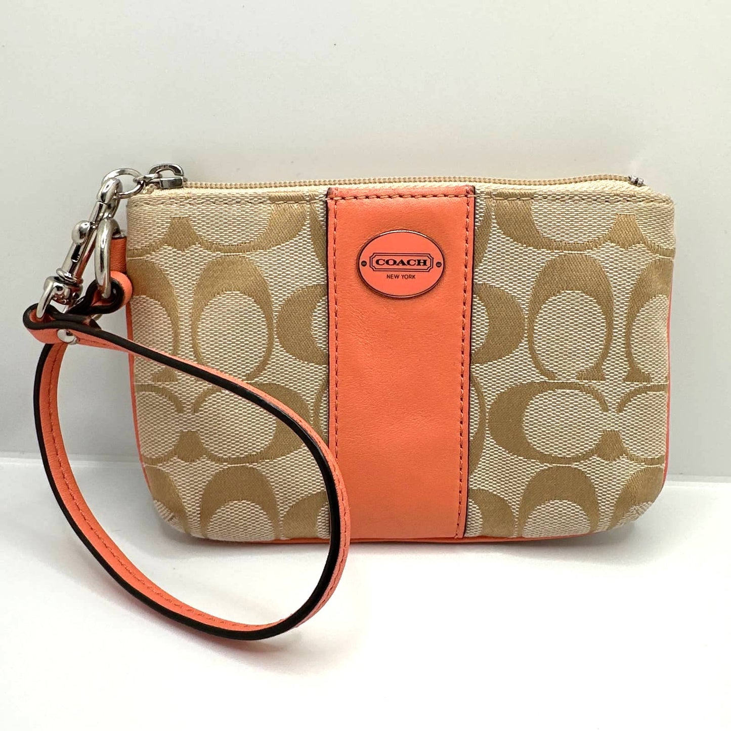 COACH Tan and Orange Signature Canvas Wristlet