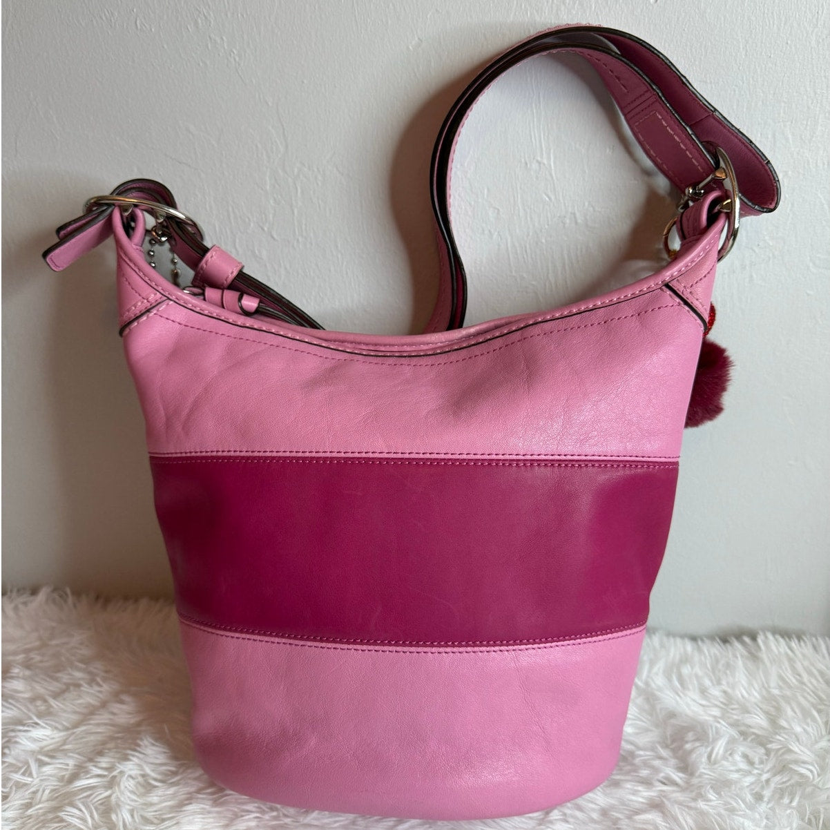 COACH Rugby Stripe Pink Leather Duffle Crossbody Shoulder Bag F13357