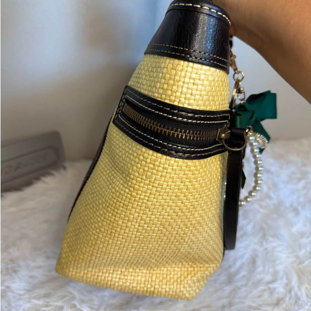 Vintage COACH y2k Black Natural Legacy Straw Tote Bag