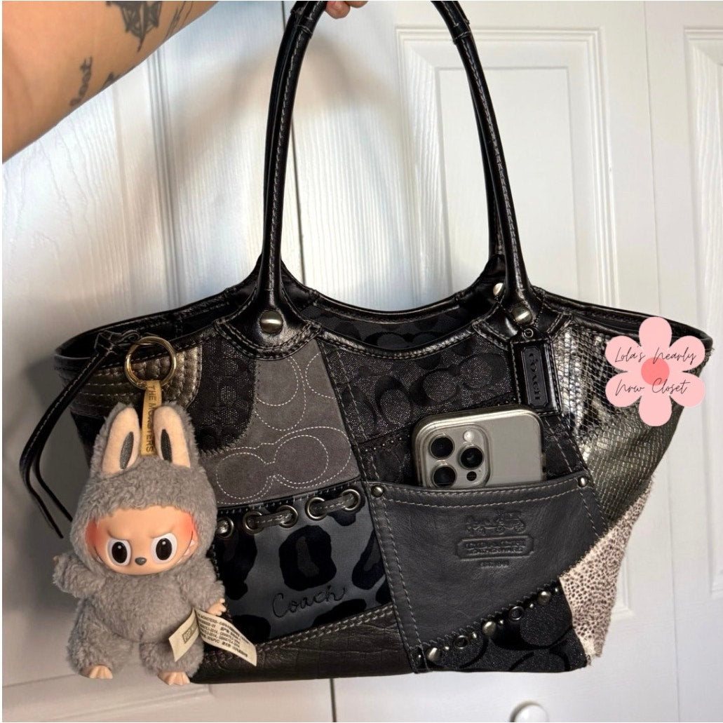 y2k Coach Patchwork Tote Shoulder Handbag Purse Grey Silver Black 12899