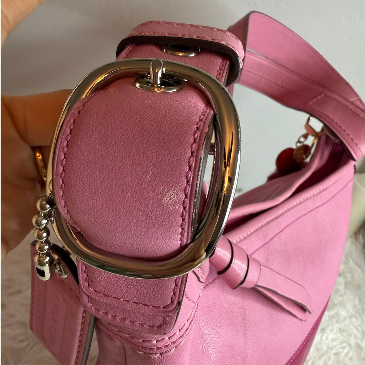 COACH Rugby Stripe Pink Leather Duffle Crossbody Shoulder Bag F13357