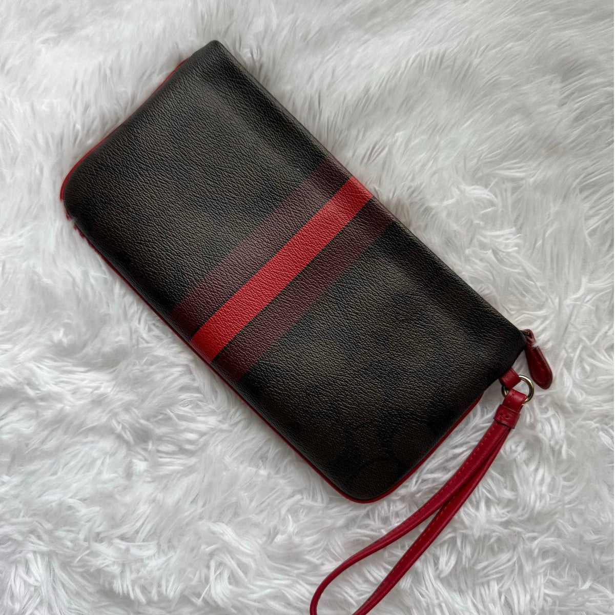 COACH Brown Red Coated Canvas Large Wristlet