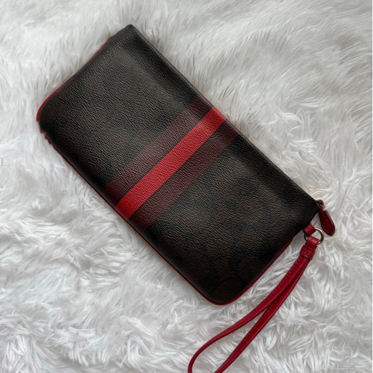 COACH Brown Red Coated Canvas Large Wristlet