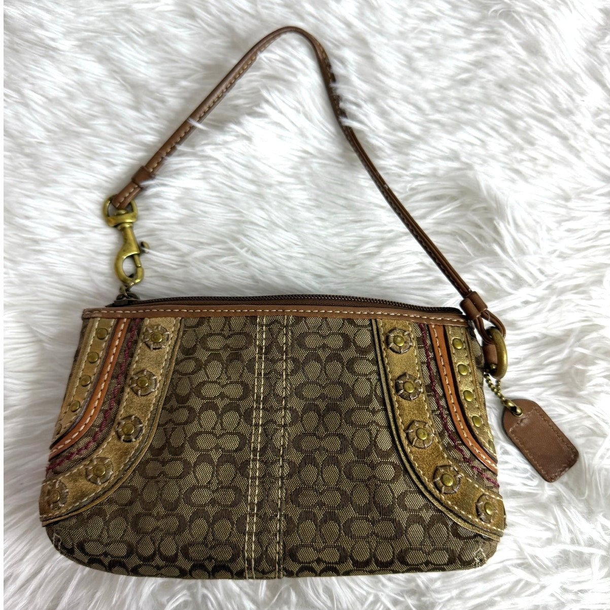 COACH Brown Signature Stub Suede Canvas Wristlet