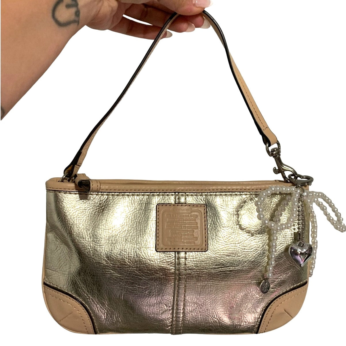 y2k COACH Silver Metallic Tan Wristlet Mini Purse