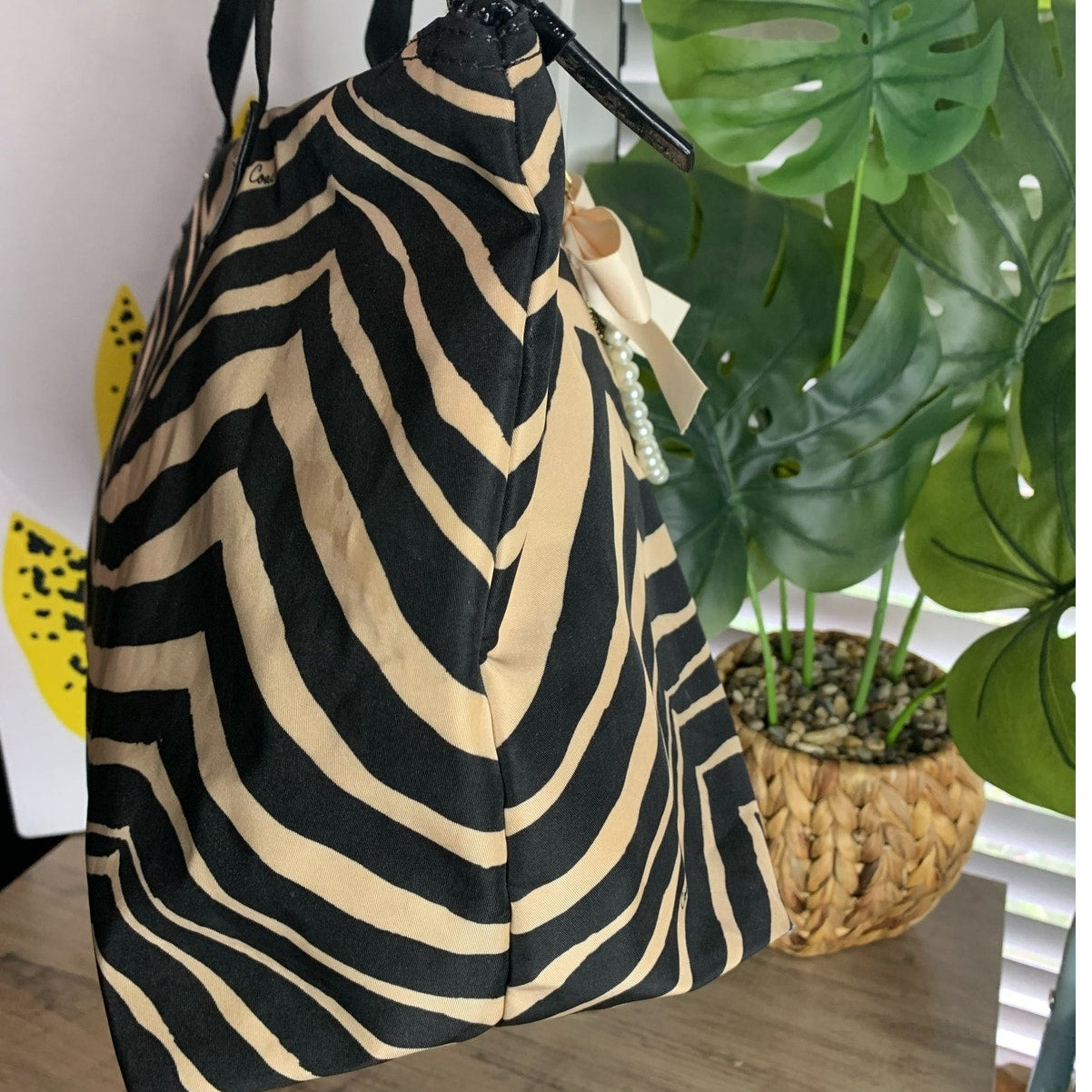 Coach y2k Devin Black Tan Zebra Print Nylon Overnight Tote Pouch