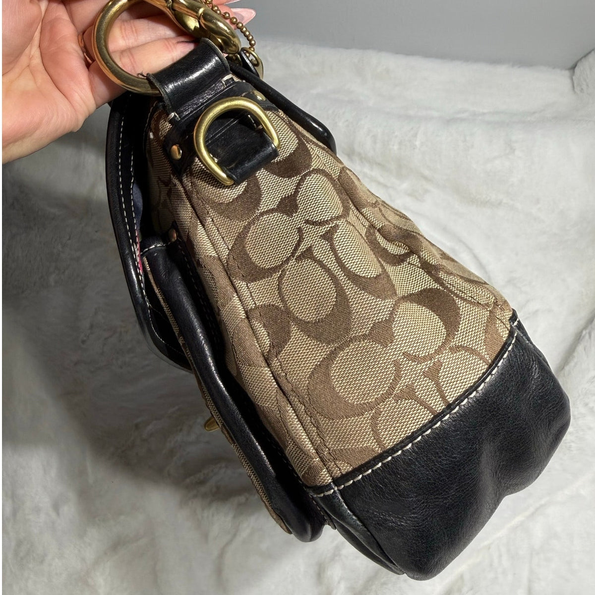 y2k COACH Vintage Black Brown Khaki Signature Legacy Flip Turnlock
