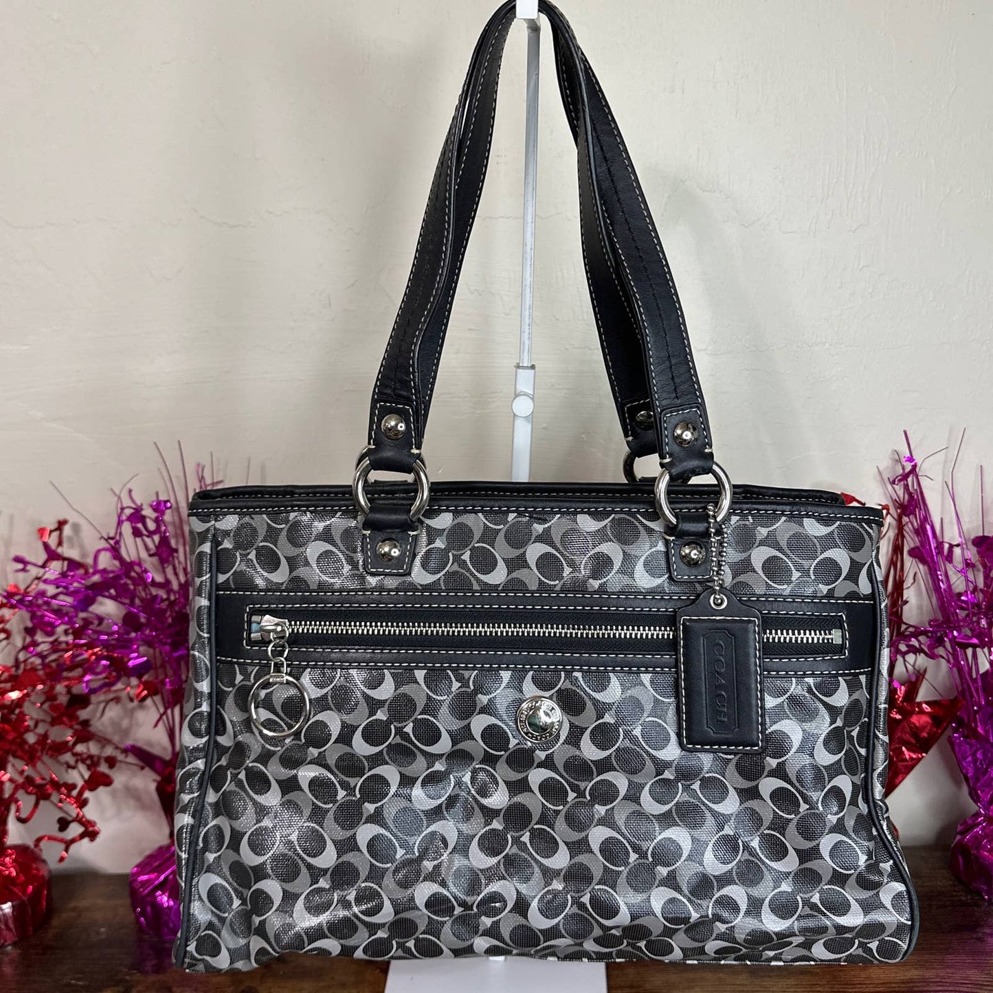 COACH Chelsea Black and Gray Signature Coated Canvas Tote Shoulder Bag