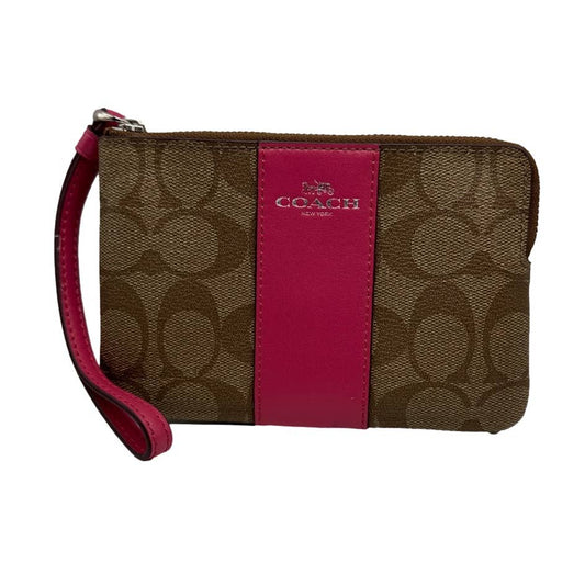 COACH Brown and Fuchsia Coated Canvas Wristlet