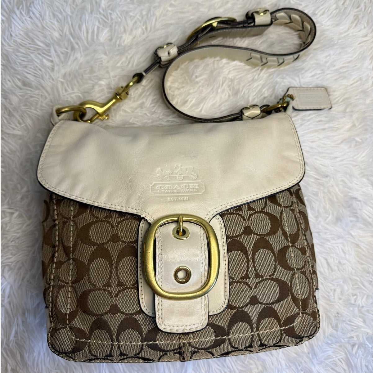 y2k COACH 2007 Bleeker 11434 Brown Bone Canvas Flap Shoulder Bag
