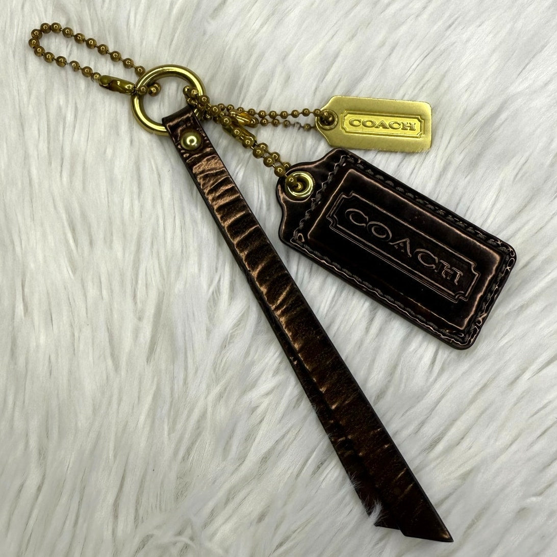 y2k COACH Bronze Brown Brass Patent Leather Hangtag Hang Tag Fob Set