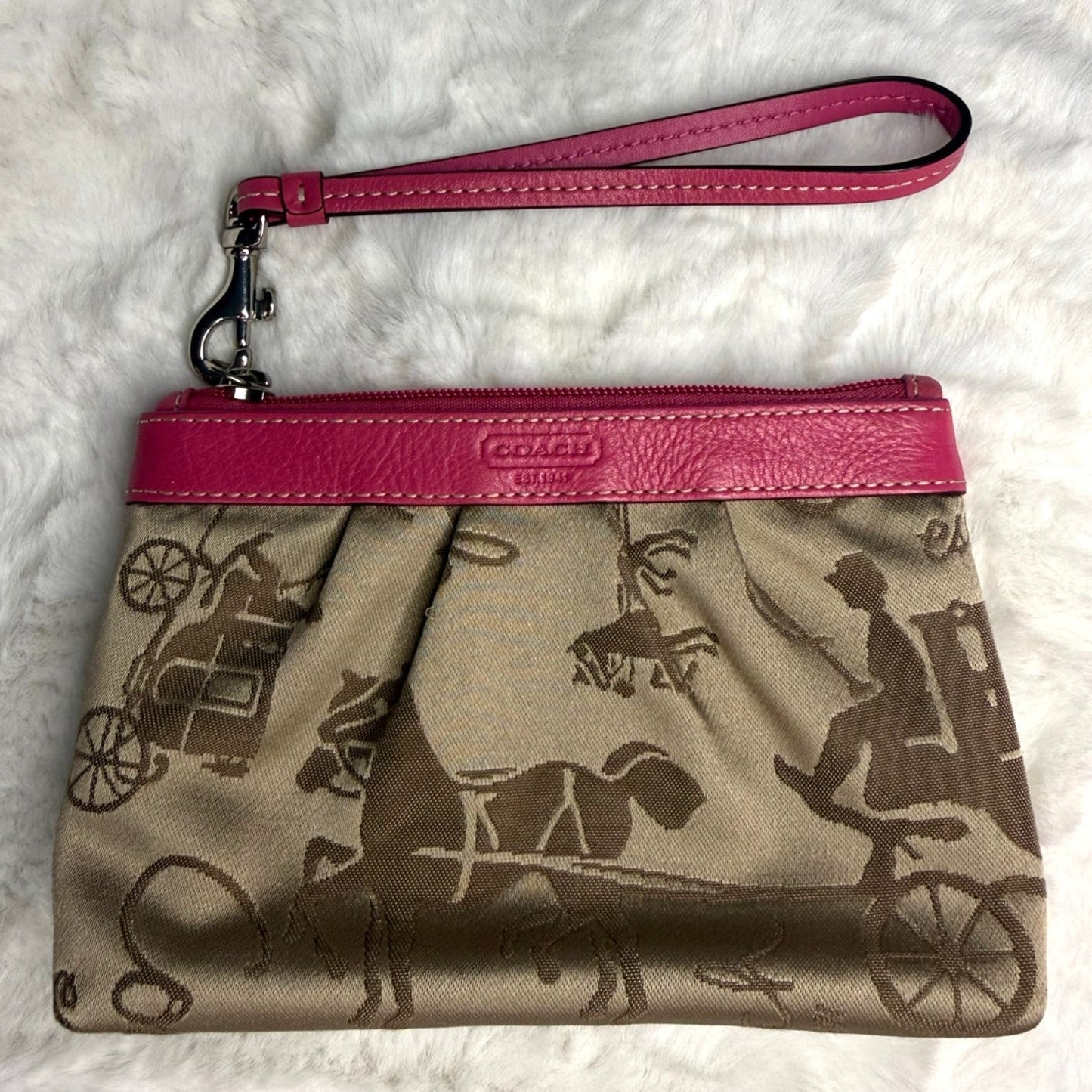 COACH Pink Brown Signature Carriage Canvas Wristlet