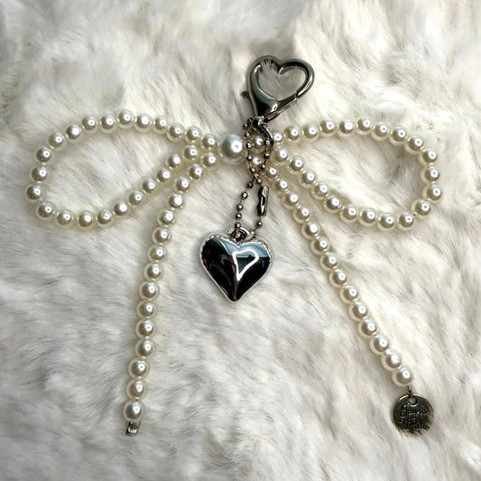 White Bowknot Heart Sweet Charm Pearl Bow Bag Charm Fashion Charm