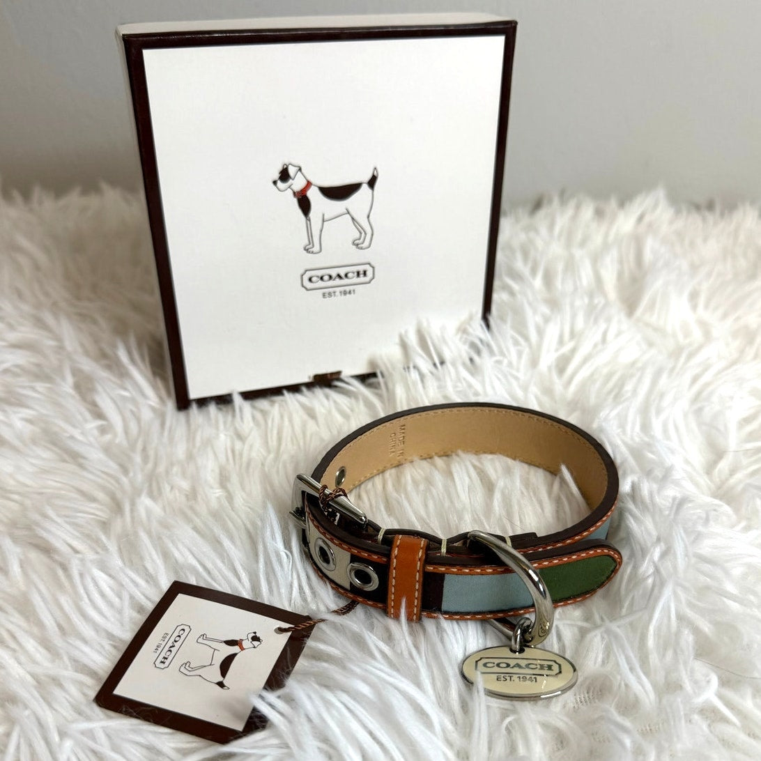 NWB COACH Legacy Stripe Leather Dog Collar XS w COACH Charm Limited Ed Rare