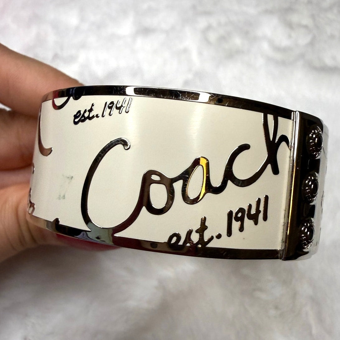 Coach Ivory Silver Cursive Logo Enamel Metal Studded Bangle Bracelet
