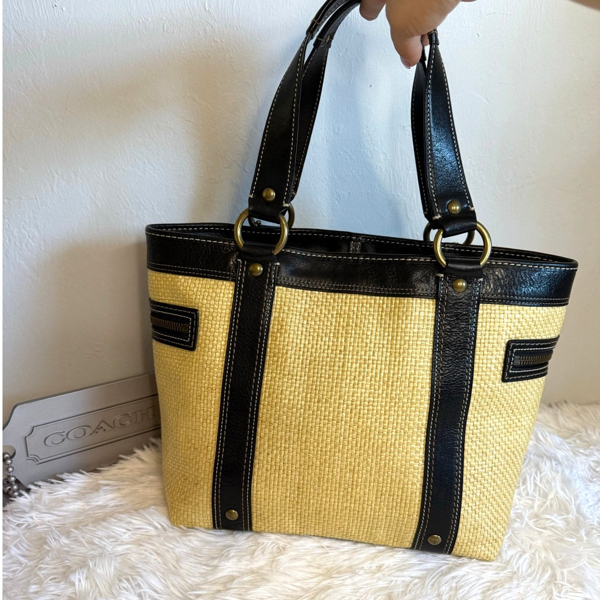 Vintage COACH y2k Black Natural Legacy Straw Tote Bag