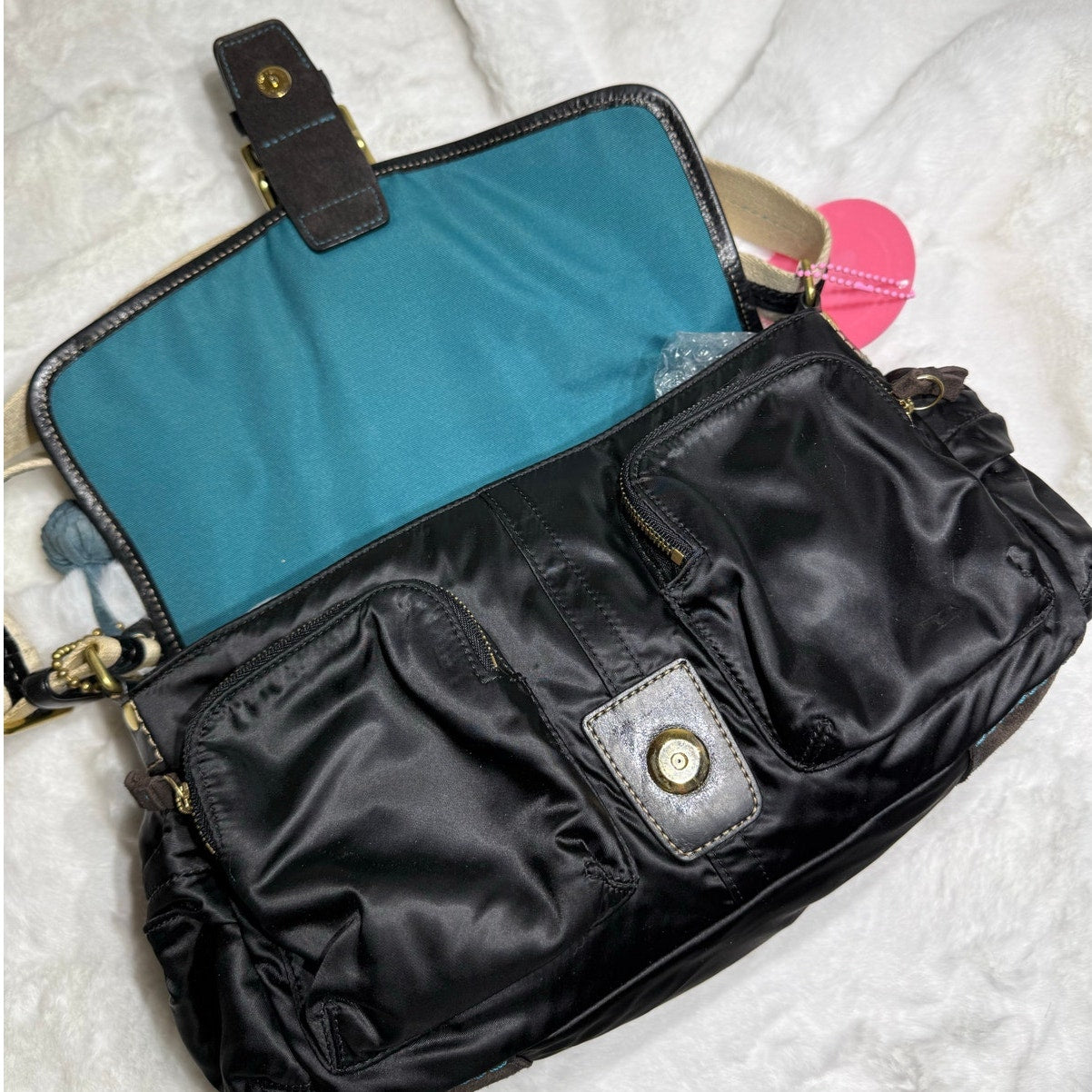 y2k COACH Vintage Buckle Black Sateen Nylon Shoulder Hand bag