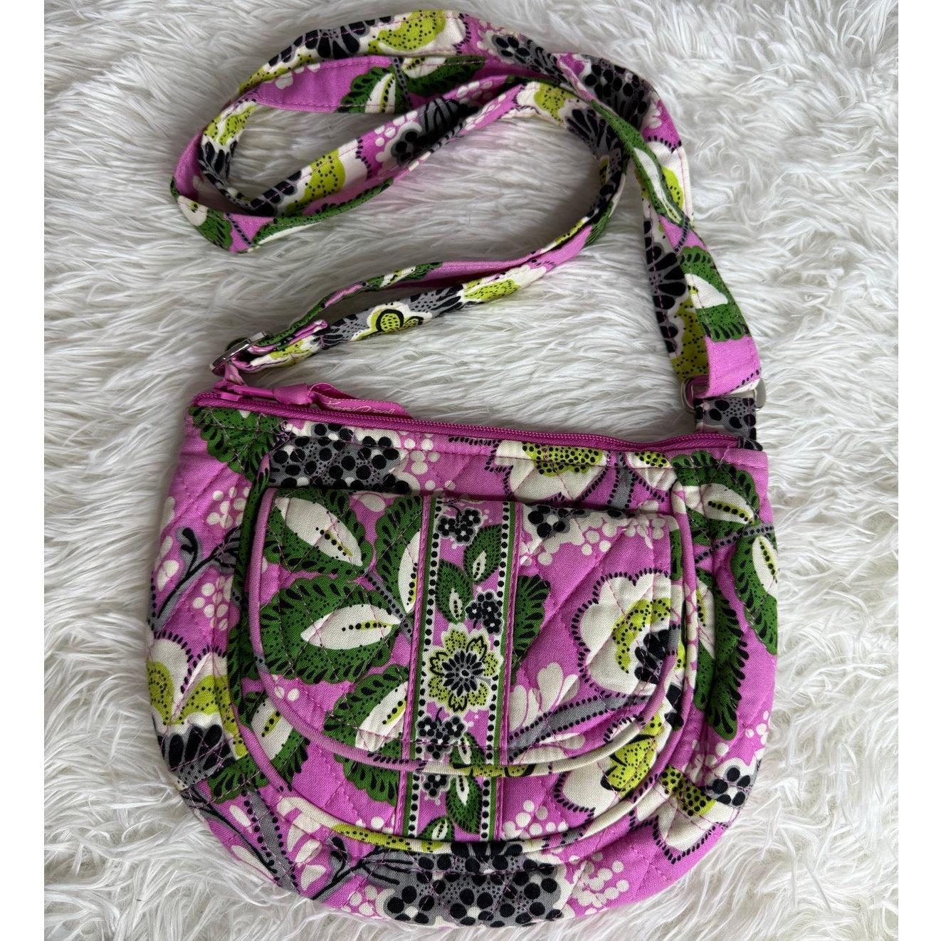 Vera Bradley Flap Shoulder Bag Quilted Pink Green Black White Floral Crossbody