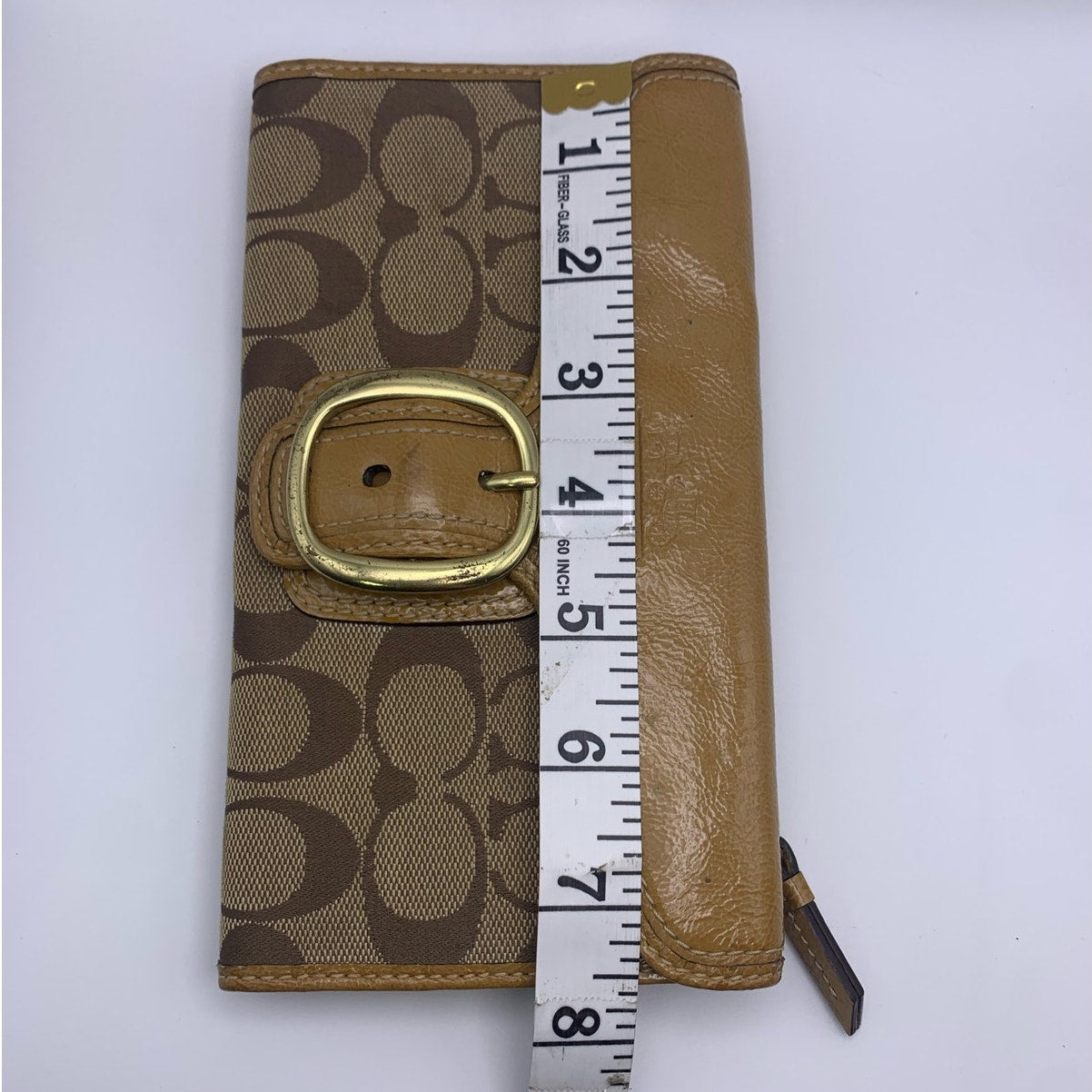 COACH Brown and Tan Signature Canvas Patent Leather Wallet