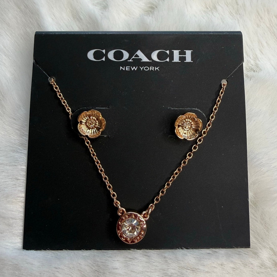 NWT COACH Signature Rose Gold Tone Floral Earrings Studs and Necklace Set