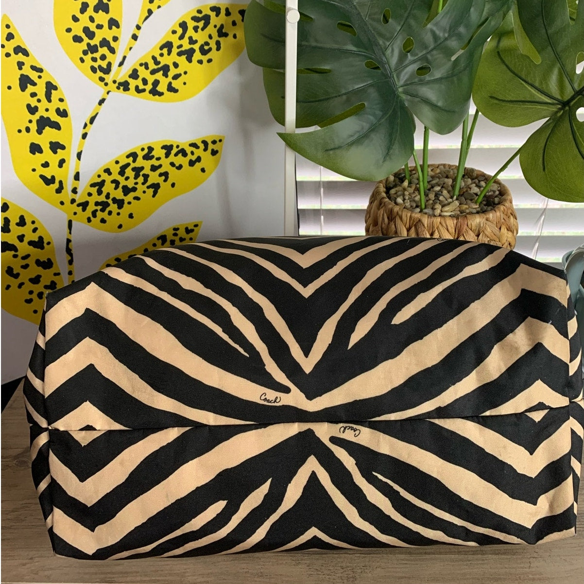 Coach y2k Devin Black Tan Zebra Print Nylon Overnight Tote Pouch