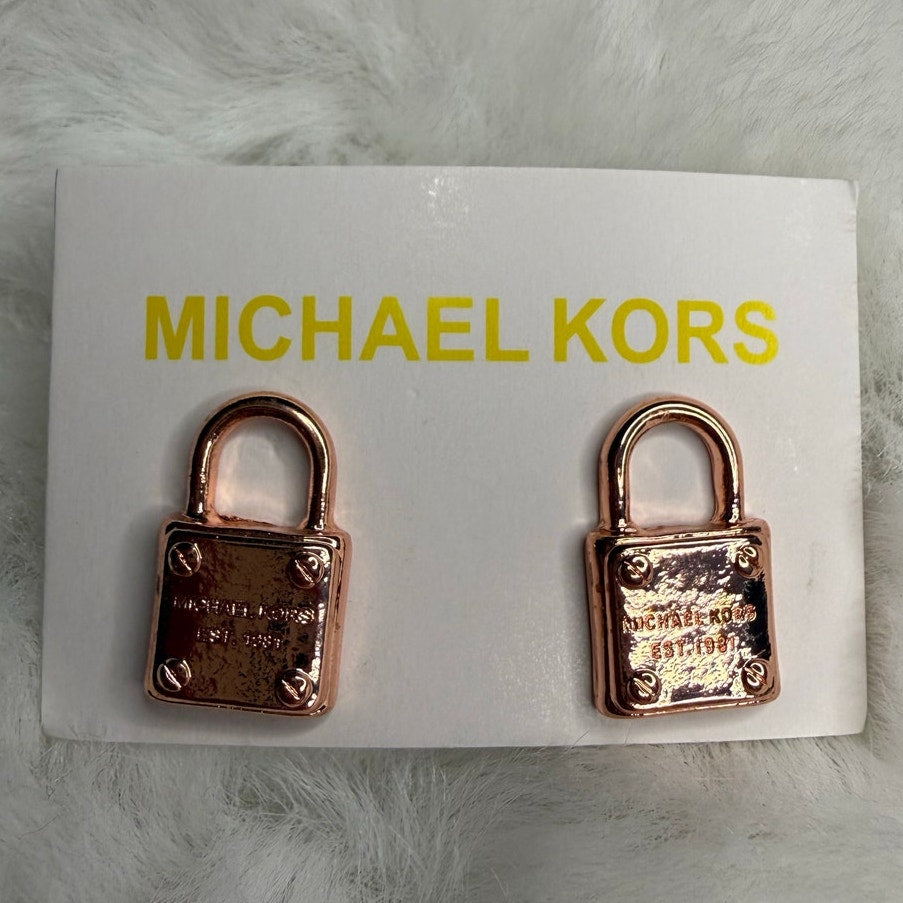 MICHAEL KORS Est 1981 Rose Gold-Tone Logo Padlock Stud Earrings