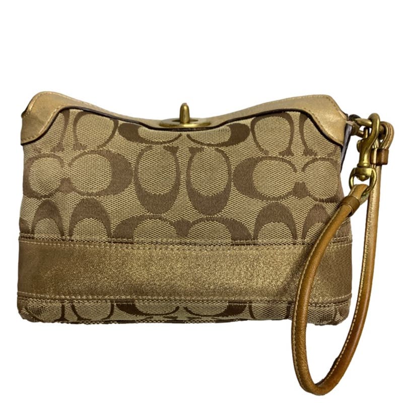 COACH Brown and Gold Signature Canvas Mini Purse / Wristlet