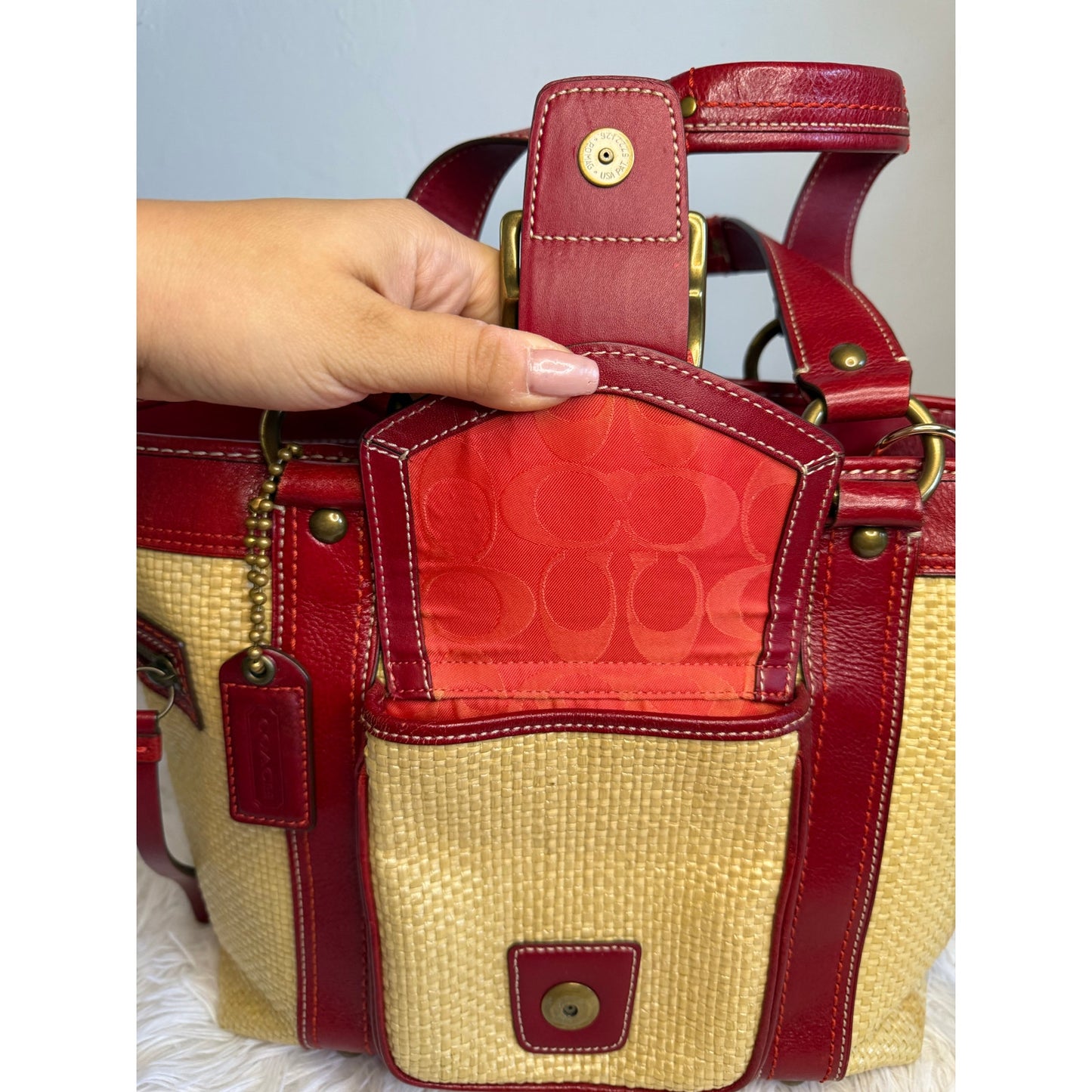 Vintage COACH y2k Red Natural Legacy Straw Tote Bag