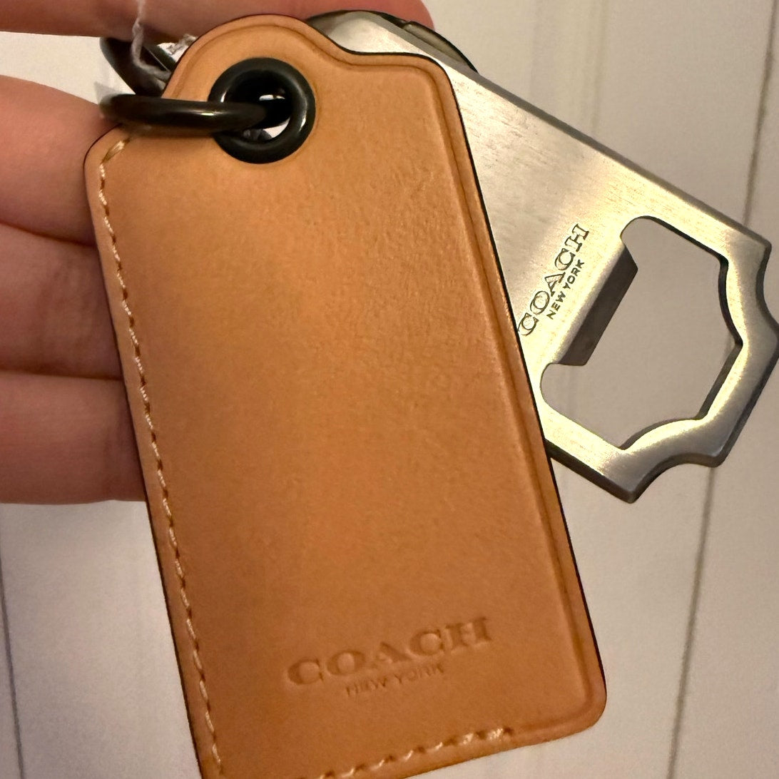 NWT COACH Original Bottle Opener Key Fob in Natural Leather with Diary Embroidery