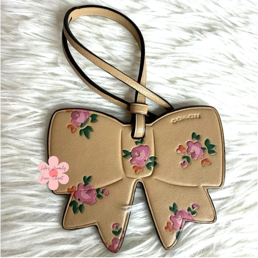 Coach Bow Floral Printed Tan Leather Bag Charm Fob
