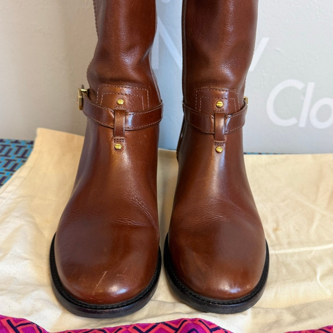 Tory Burch BRITA Riding Boot, Sienna Brown Leather Wmns Sz US6M, MSRP$495