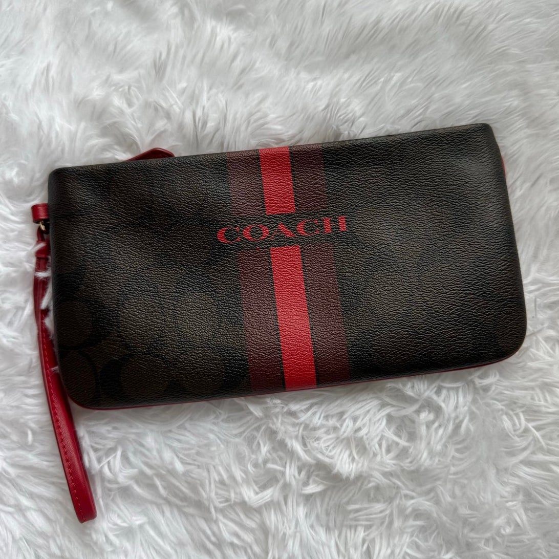 COACH Brown Red Coated Canvas Large Wristlet