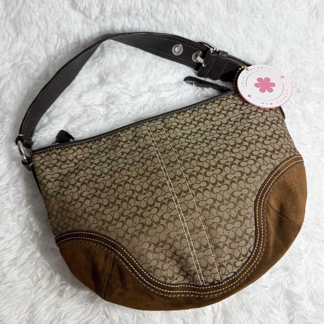 y2k COACH Brown Jacquard Canvas Suede Hobo Shoulder Bag