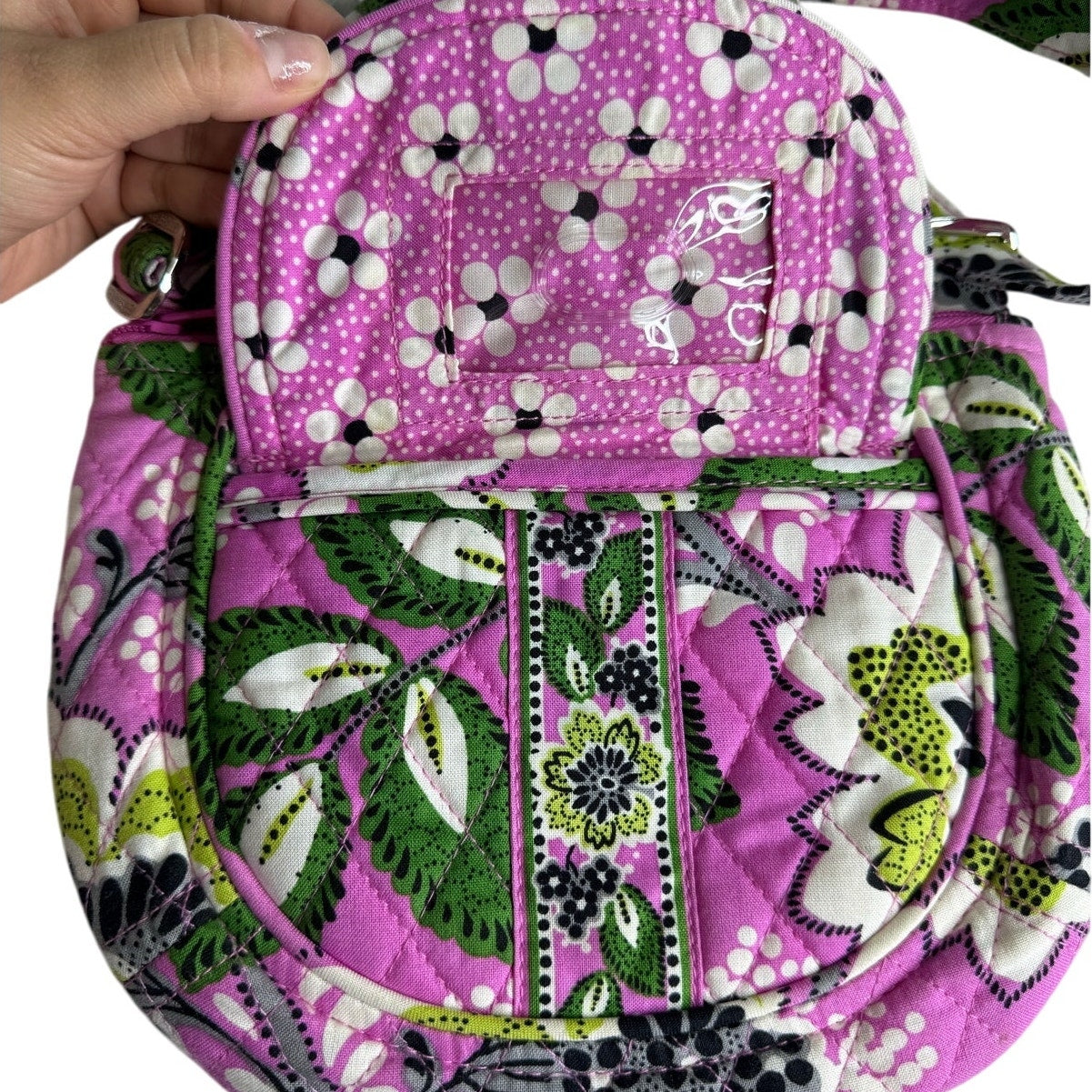 Vera Bradley Flap Shoulder Bag Quilted Pink Green Black White Floral Crossbody