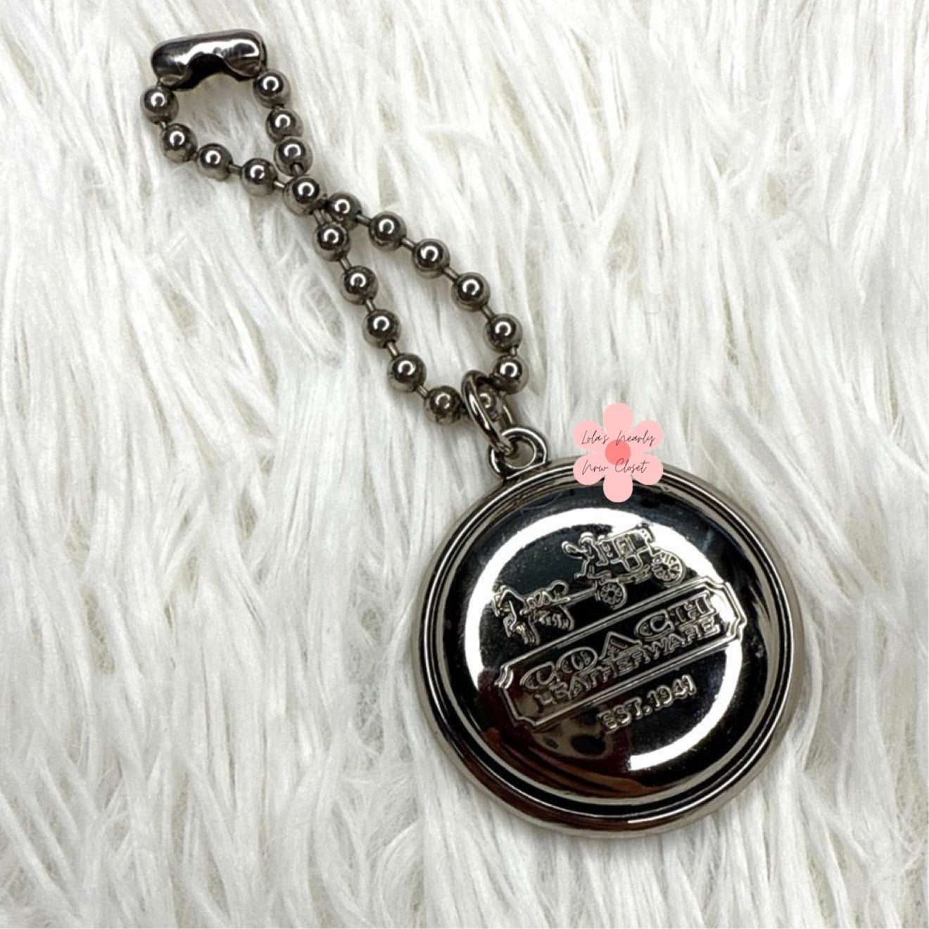 RARE 1.5" Coach Circle Medallion Round Hang Tag Bag Charm Key Fob Silver Metal